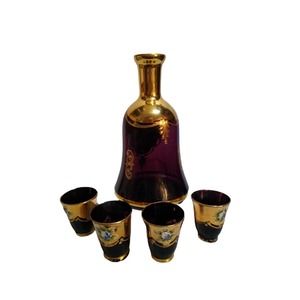 Vintage Bohemian amethyst Glass Decanter with 4 glasses, Hand painted Enamel Flo